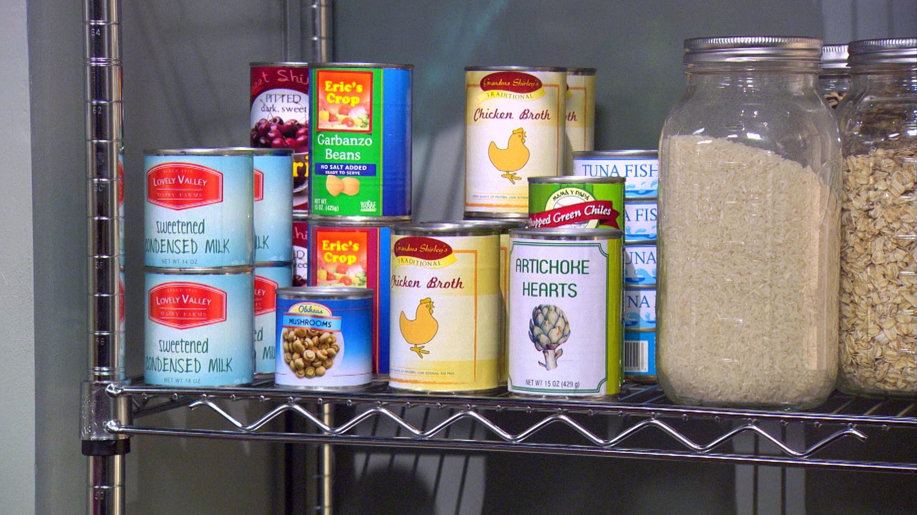 a shelf of canned goods